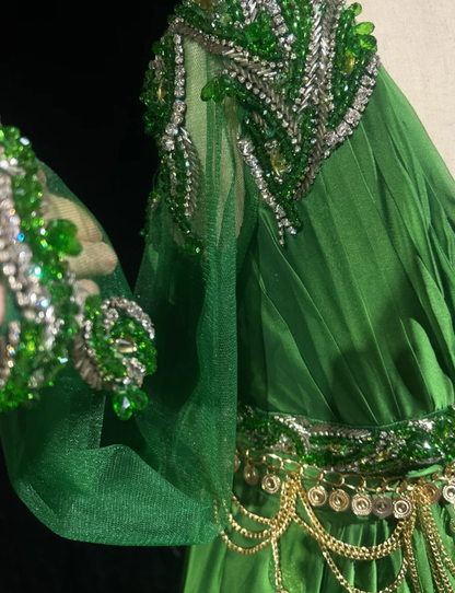 Gorgeous Green One Shoulder Satin Beaded Long Party Dress Birthday Dress SP1859
