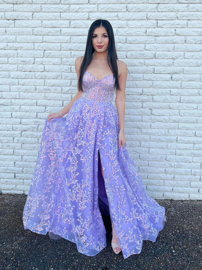 PM462, Princess Lilac Sweetheart Lace Prom Dresses, Off The Shoulder Bubble Sleeves A-Line Evening Gown