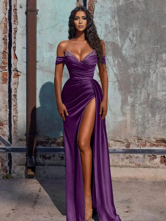 omberprom Fashion Mermaid Evening Dress Satin Long Prom Dress with Slit