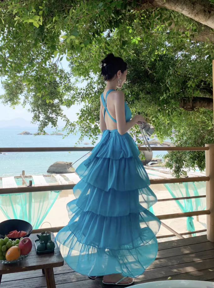 Blue seaside holiday long dress cake dress halter neck backless dress waist beach dress R1589