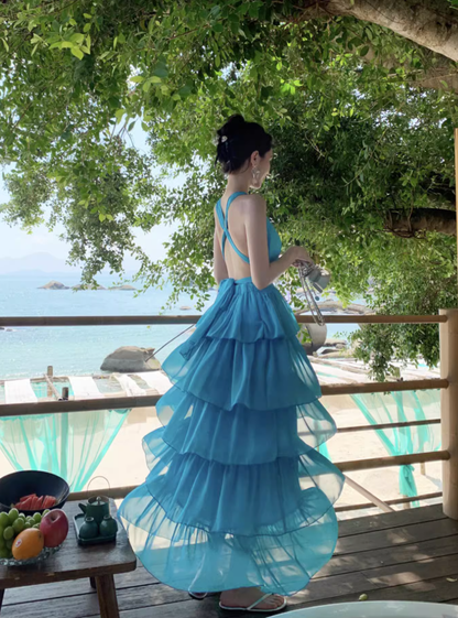 Blue seaside holiday long dress cake dress halter neck backless dress waist beach dress R1589