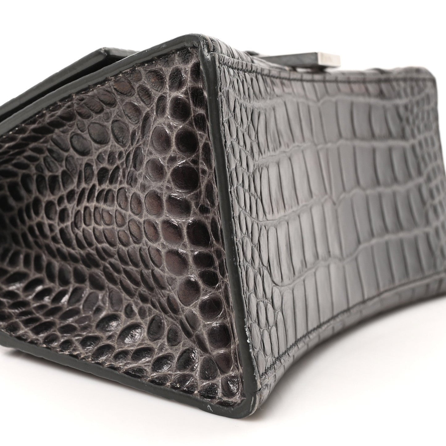 Shiny Calfskin Crocodile Embossed Small Hourglass Top Handle Bag Dark Grey