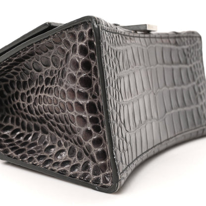 Shiny Calfskin Crocodile Embossed Small Hourglass Top Handle Bag Dark Grey