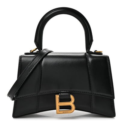 Shiny Box Calfskin Hourglass Top Handle Bag XS Black