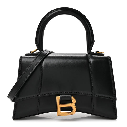 Shiny Box Calfskin Hourglass Top Handle Bag XS Black