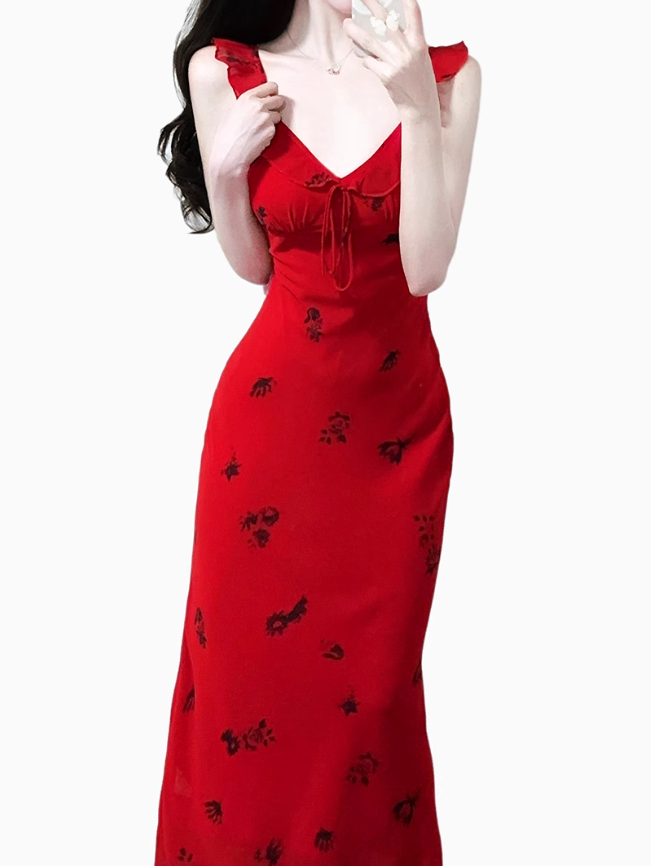 2025 Summer New Red Sexy V-neck Wood Ear Edge Floral Sleeveless Holiday Dress R0905