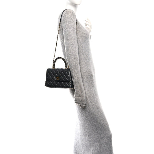 Calfskin Strass Quilted Mini Coco Handle Flap Dark Silver