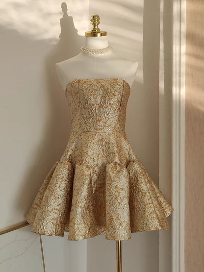 Cute Ball Gown Strapless Travel Vacation Dresses Short Satin Gold Birthday Dress