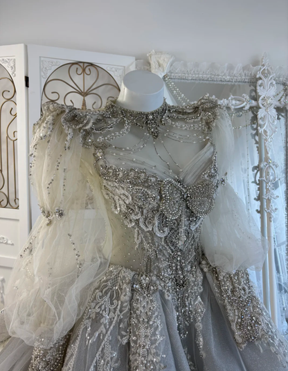 Vintage Silver Gray Tulle Lace Sequin Beaded Long Wedding Dress Formal Gowns SP1444