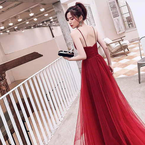 Wine Red Simple Low Back Straps Tulle Prom Dress,  Formal Dress Y772