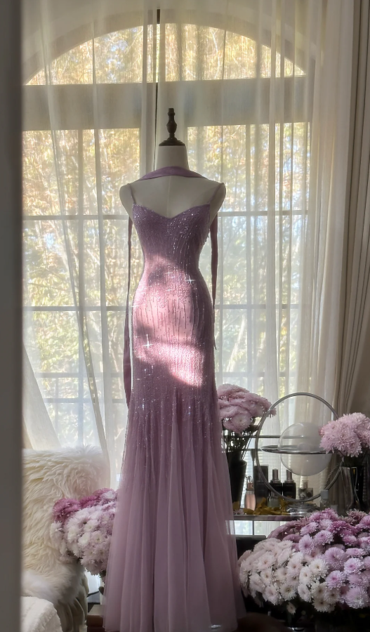 Elegant Spaghetti Straps Purple Chiffon Beaded Mermaid Long Party Dress Evening Gown
