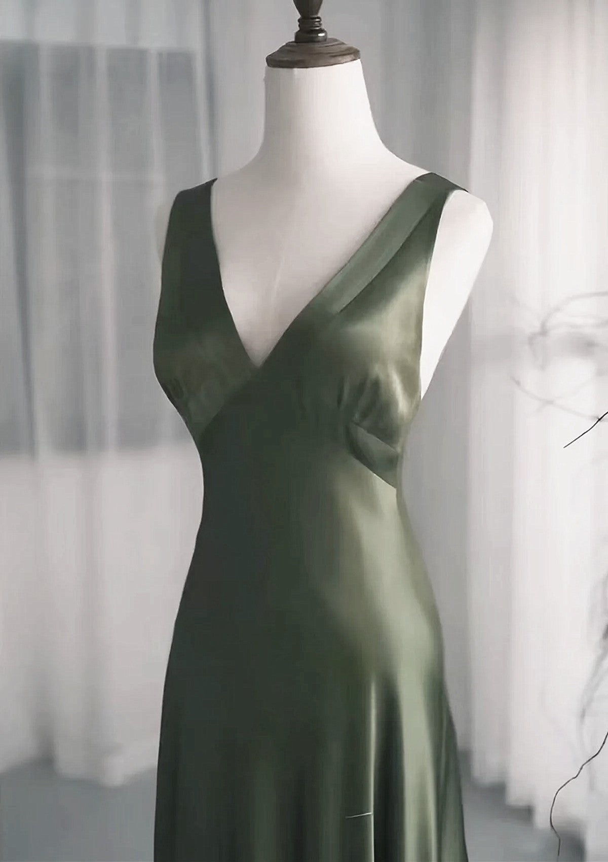 Dark Green V-neckline Low Back A-line Prom Dress, Dark Green Formal Dress
