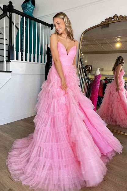 Princess Pink Strappy Frill-Layered A-Line Long Prom Dress Y1873