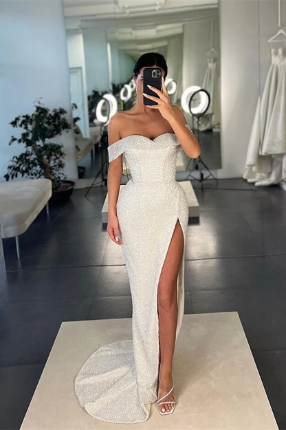 Mermaid White Off-the-Shoulder Sequins Prom Dress With Split Y375