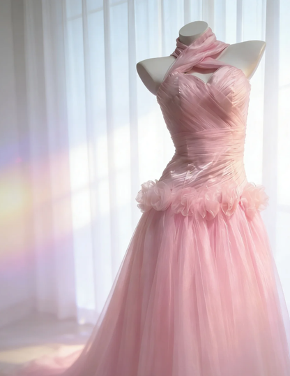 Elegant Off The Shoulder Pink Satin Tulle Long Birthday Party Dress Prom Dress SP1572