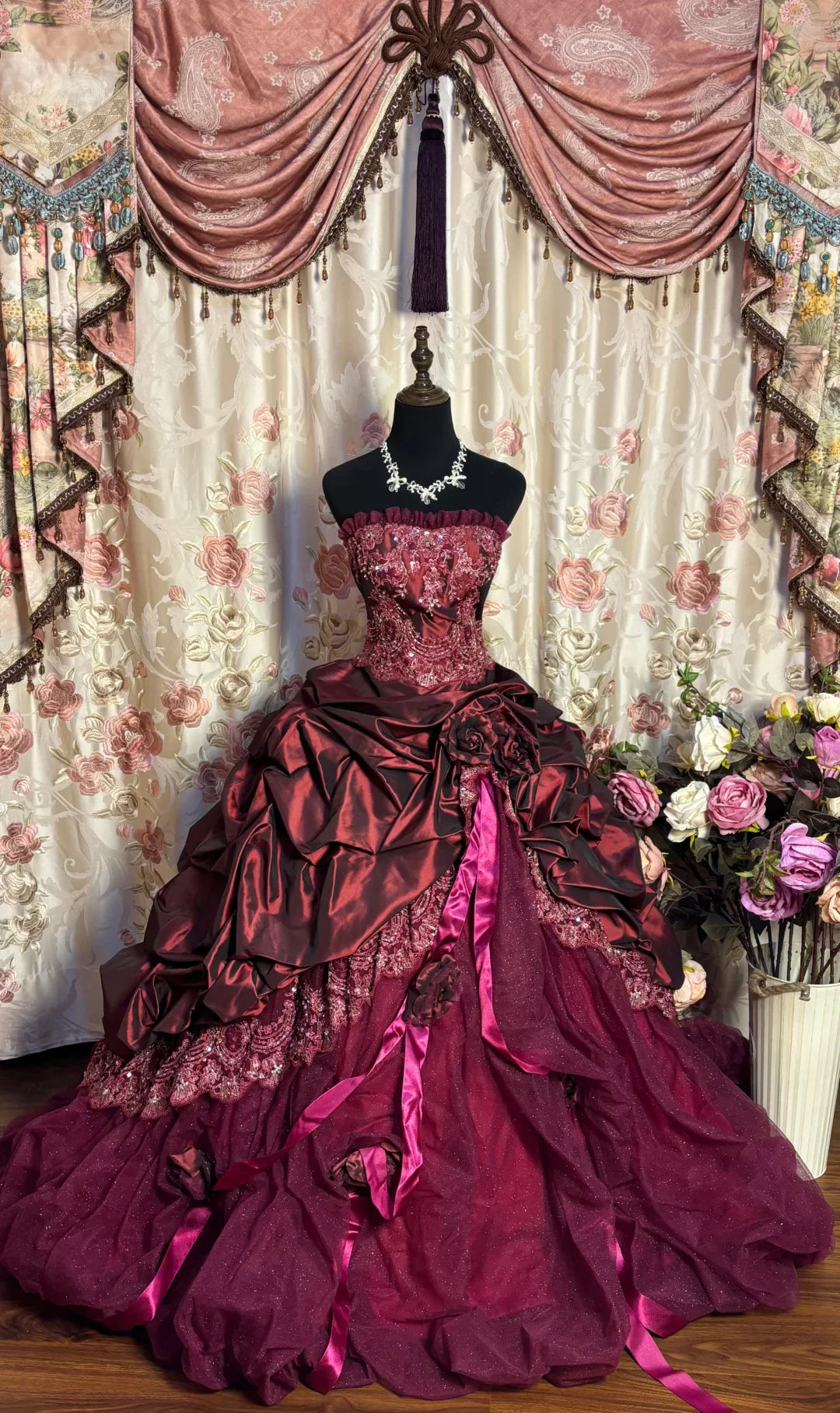 Vintage Burgundy Strapless Sequin Sweet 16 Quinceanera A-Line Evening Dress Ball Gown TP4286