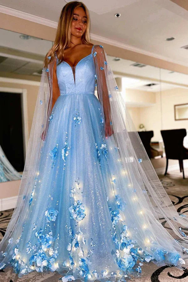 omberprom Lavender Evening Dress 3D Floral Lace A-Line Prom Dress with Cape Sleeves