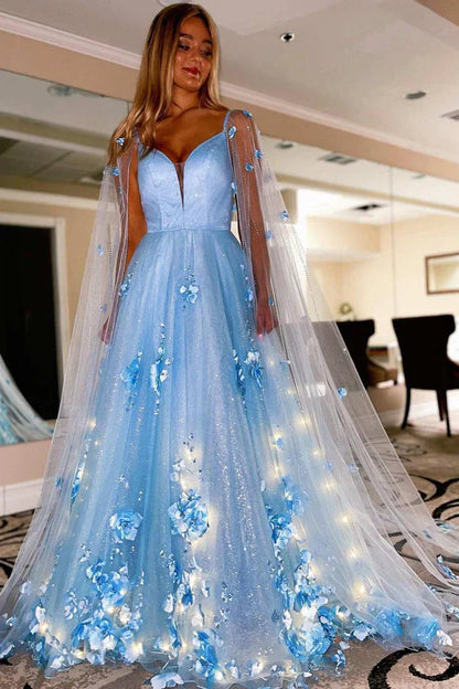 omberprom Lavender Evening Dress 3D Floral Lace A-Line Prom Dress with Cape Sleeves