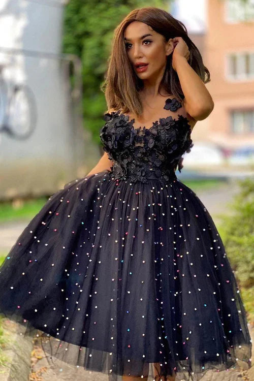 omberprom A-Line Graduation Dresses Beaded Tulle Homecoming Dress with Flowers