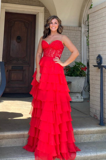 Elegant Lace and Chiffon Ruffle Long Prom Dress A Line