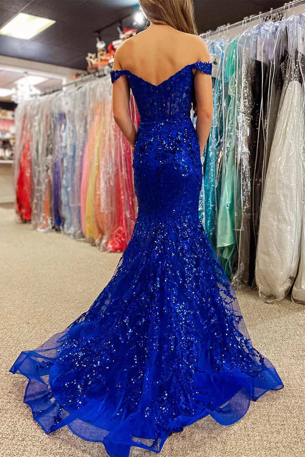 omberprom Mermaid Prom Dress Gold Lace Off the Shoulder Sequin Evening Dress