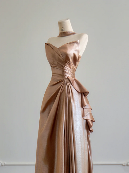 Brown strapless fitted waist elegant satin long ball gown R8166