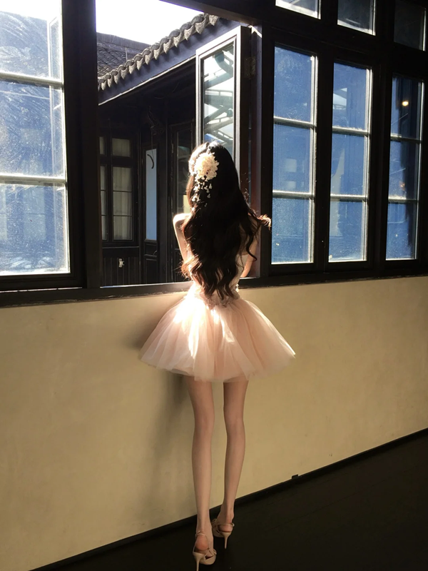 Pink tube top waist sexy puffy princess tulle skirt homecoming dress R5080