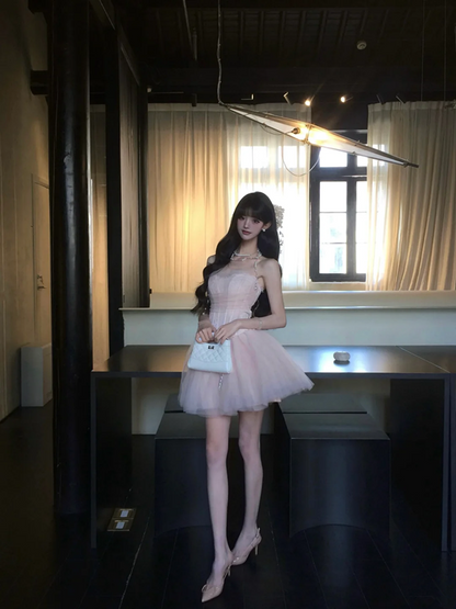 Pink tube top waist sexy puffy princess tulle skirt homecoming dress R5080