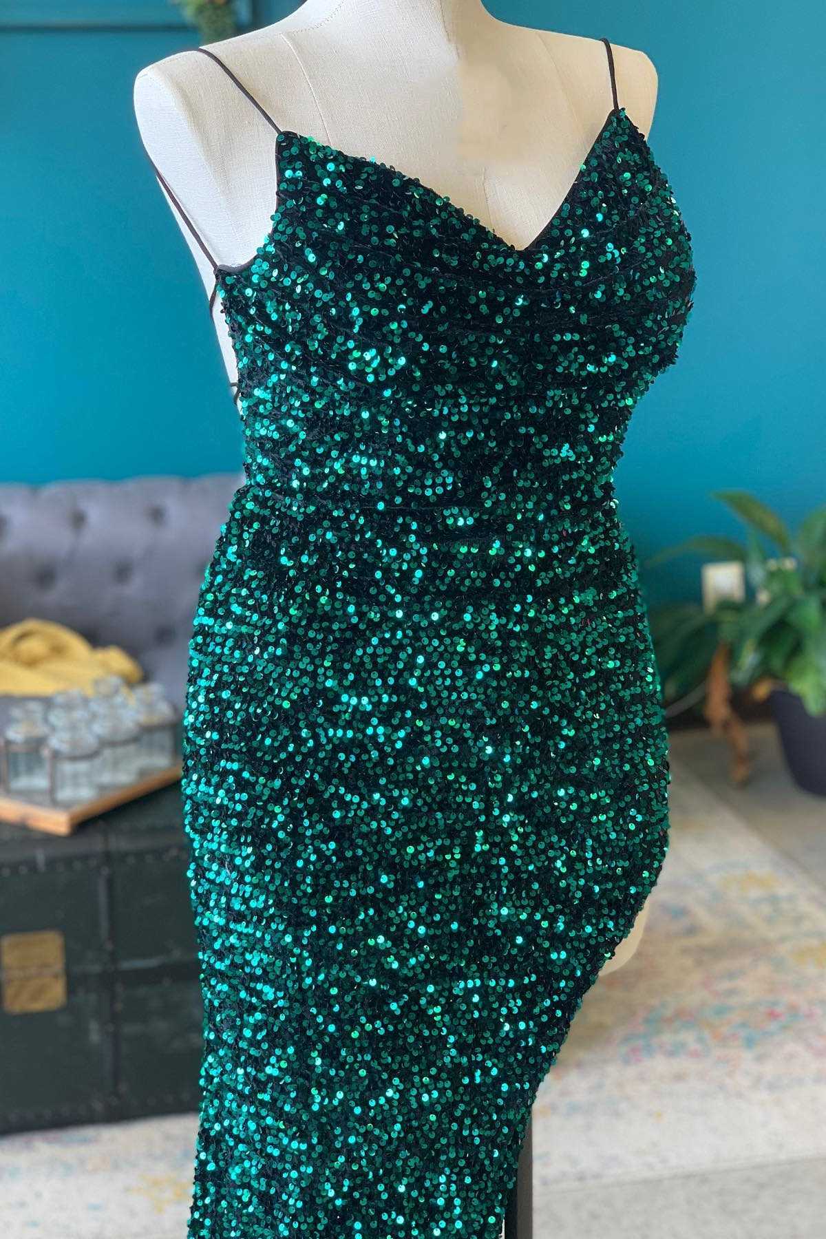 Red Sequin Cowl Neck Mermaid Prom Dress,Green Evening Gown