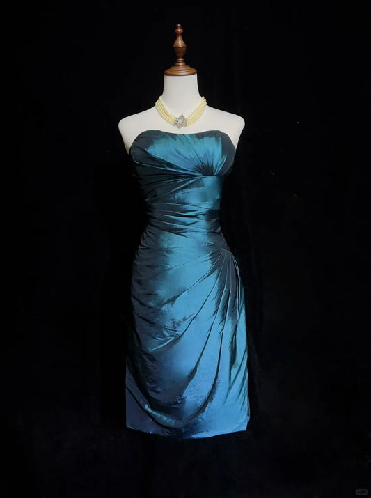 Blue tube top waist slim mid-length skirt homecoming dress R4960