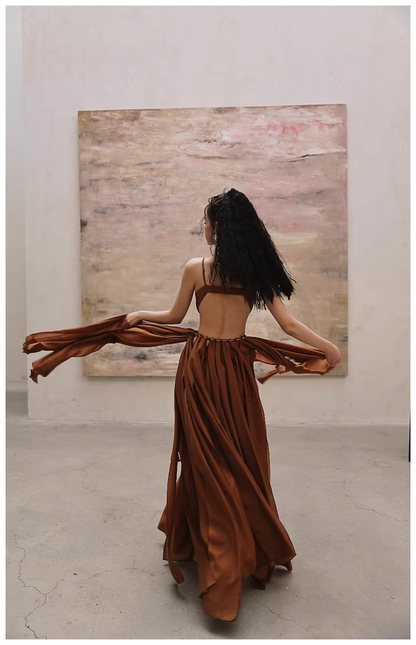 Sexy Halter Caramel Backless Satin Long party Dress Evening Gown