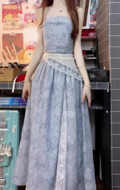 Blue lace tube top dress 2025 new beautiful waist a-line long skirt R0675