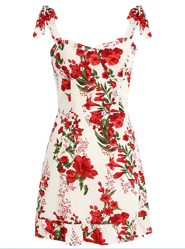 2025 Summer New French High Waist Holiday Red Floral Sling Short Dress R0961