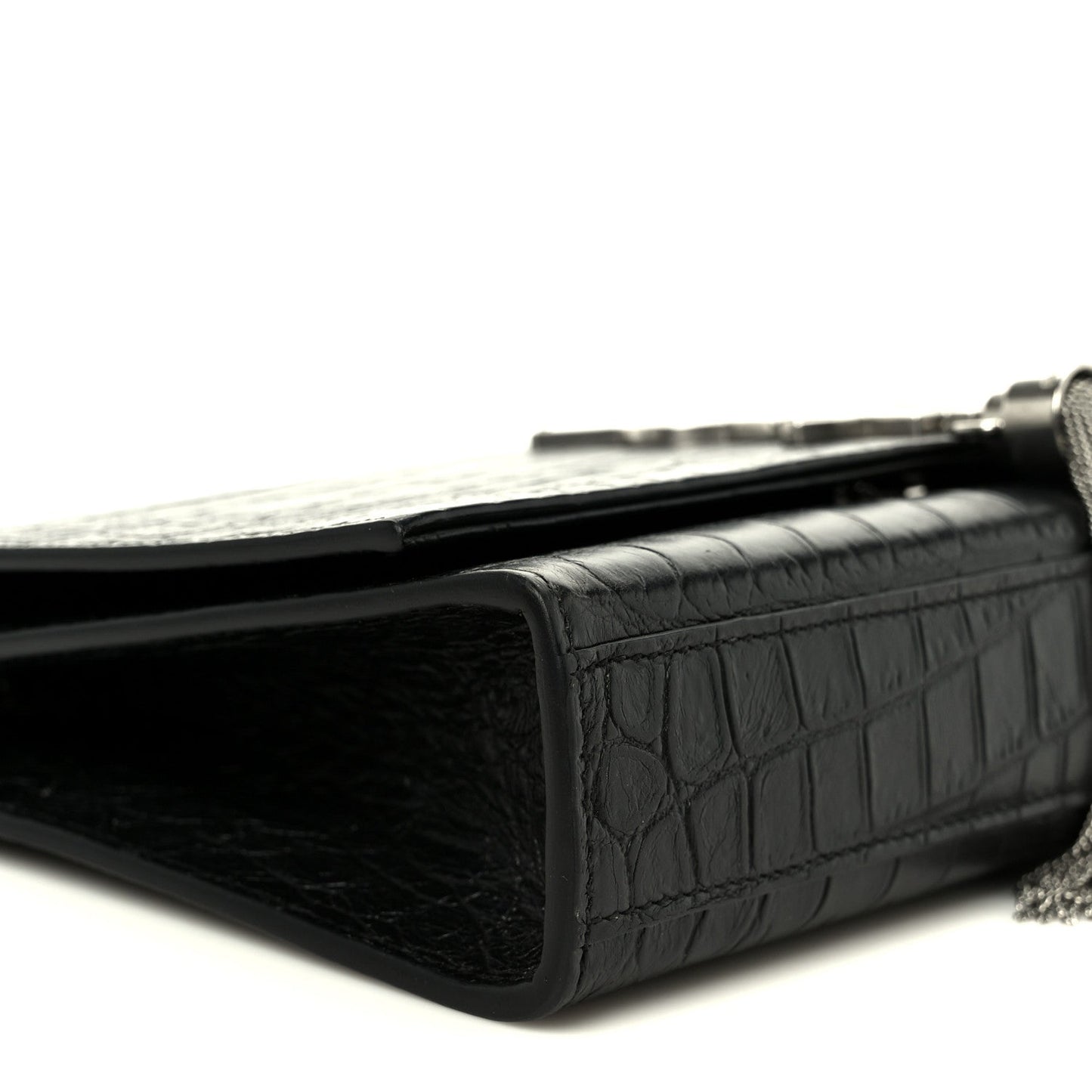 Calfskin Crocodile Embossed Medium Classic Monogram Kate Tassel Satchel Black