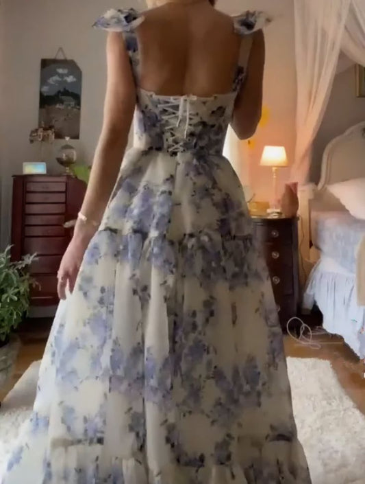 Sexy A line Long Blue Floral Prom Dress Blue and White Party Dresses P1590