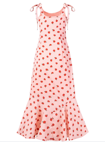 2025 Summer New Pink Floral Rose French Fishtail Long Suspender Dress R0956