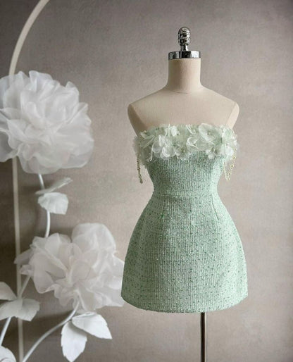 Light green tube top neckline three-dimensional flower waist slimming A-line short skirt homecoming dress R3359