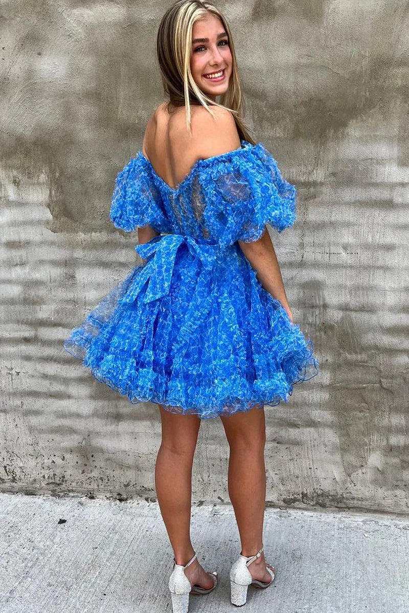 Blue A-Line Organza Print Floral Homecoming Dresses