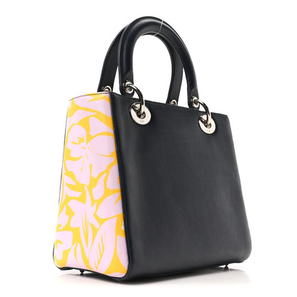 Calfskin Floral Print Medium Lady Dior Navy Blue Multicolor