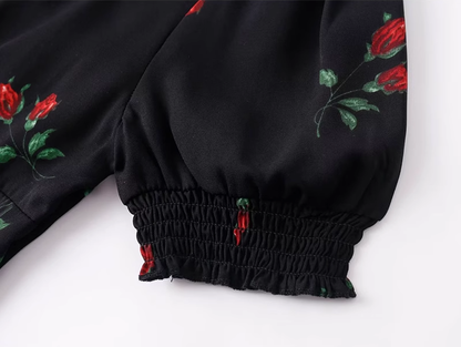 2025 Summer New French Retro Square Neck Black Floral Puff Sleeve Dress R0908