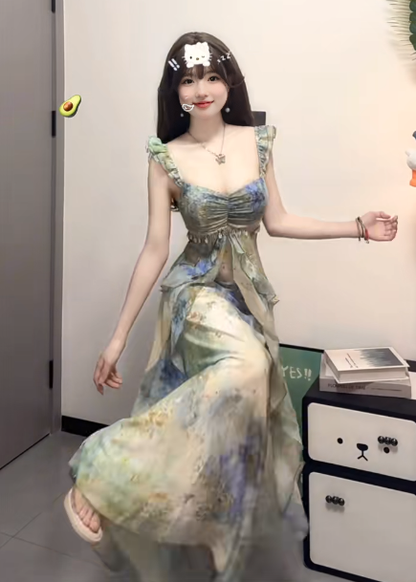 Blurred floral suspender dress temperament waist A-line beach dress R0659
