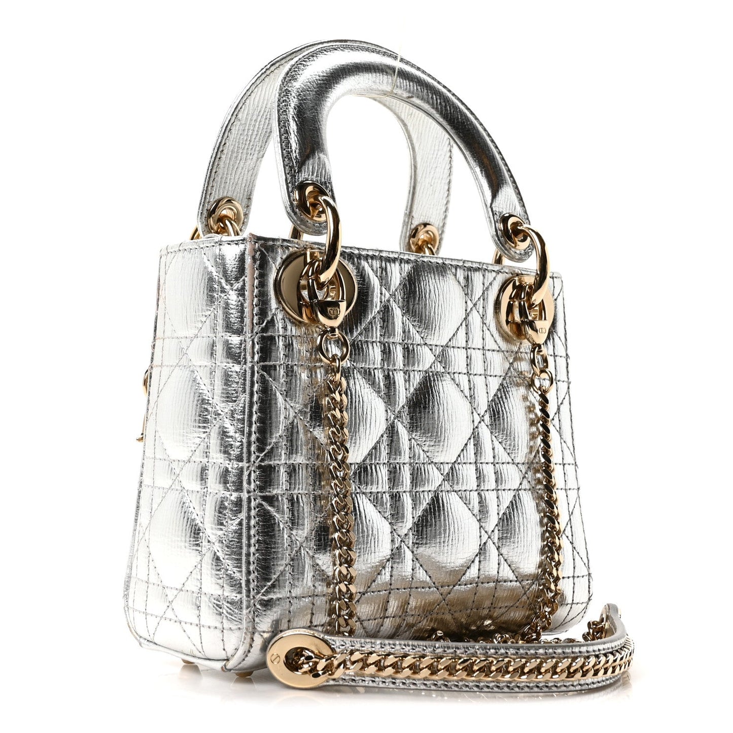 Metallic Grained Calfskin Cannage Mini Lady Dior Silver