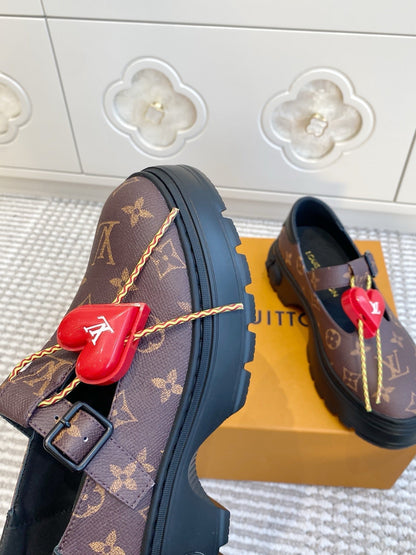 LV 2026 T-strap Loafer With Heart-shaped Brown Red Canvas Cowhide 595877