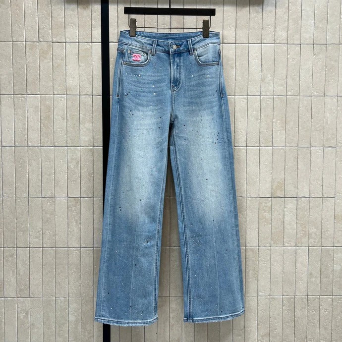 Chanel 2026 Embroidered Logo Rhinestone Wide-leg Jean Light Blue Cotton 356994