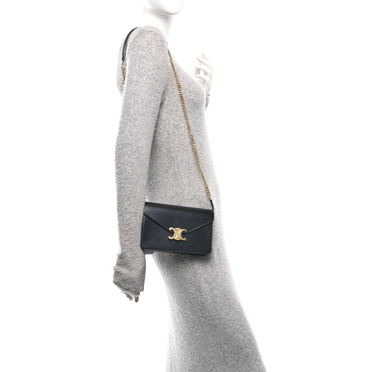 Shiny Calfskin Triomphe Margo Wallet on Chain Black