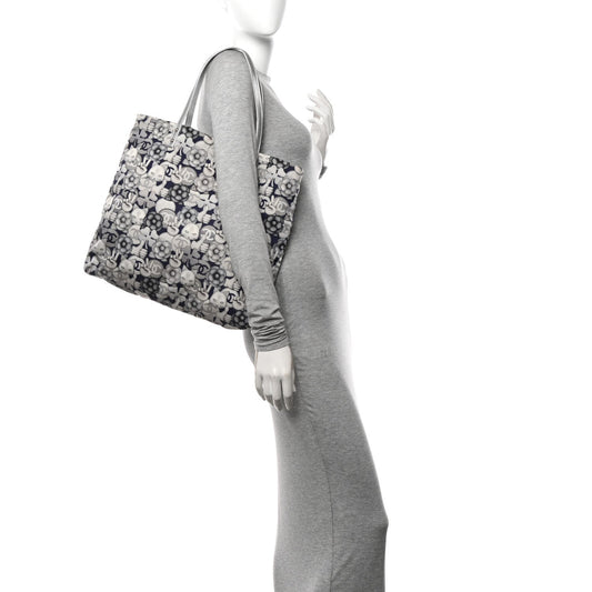 Nylon Cat Emoticon Tote Navy Silver