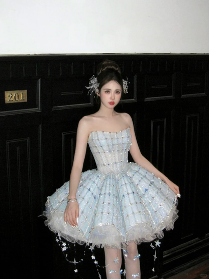 Gorgeous Shiny Light Blue Sequined A-Line Strapless Design Tiered Party Dress Homecoming Dress TP4238