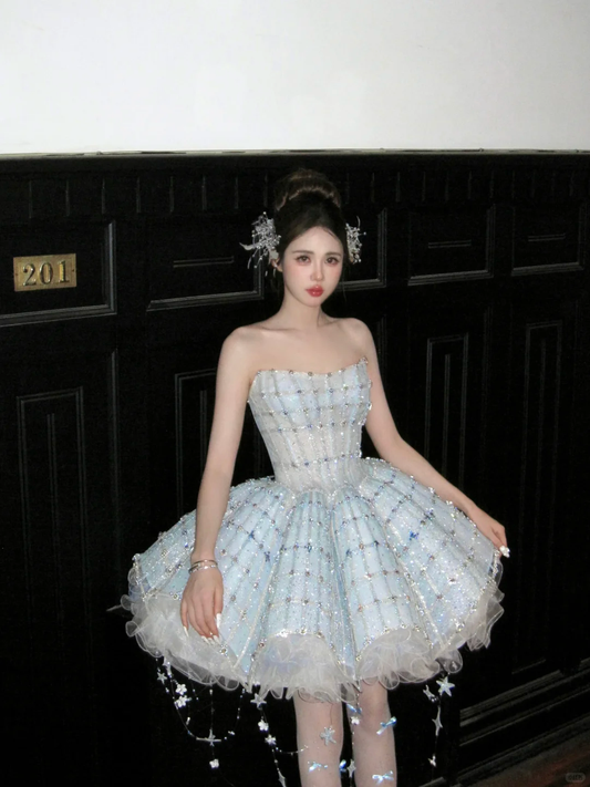 Gorgeous Shiny Light Blue Sequined A-Line Strapless Design Tiered Party Dress Homecoming Dress TP4238