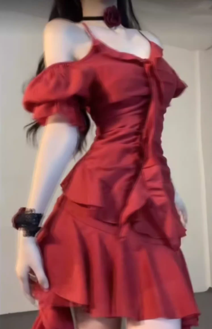 Beautiful dress French style high-end niche design off-shoulder irregular waist small red dress R0415