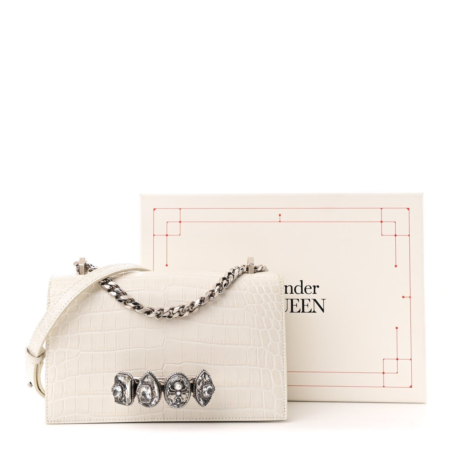 Shiny Calfskin Crocodile Embossed Knuckle Jeweled Crossbody White